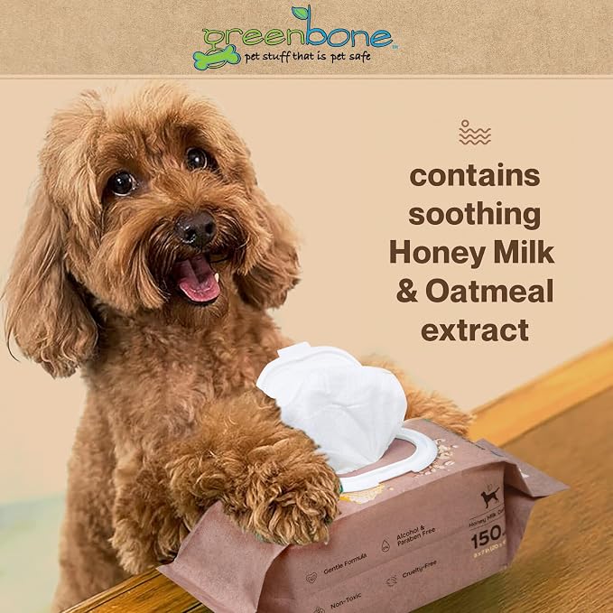 Greenbone Dog Wipes Natural and Safe for Grooming Paws, Body and Butt Cleaning Deodorizing Honey Milk Oatmeal 150 Wipes
