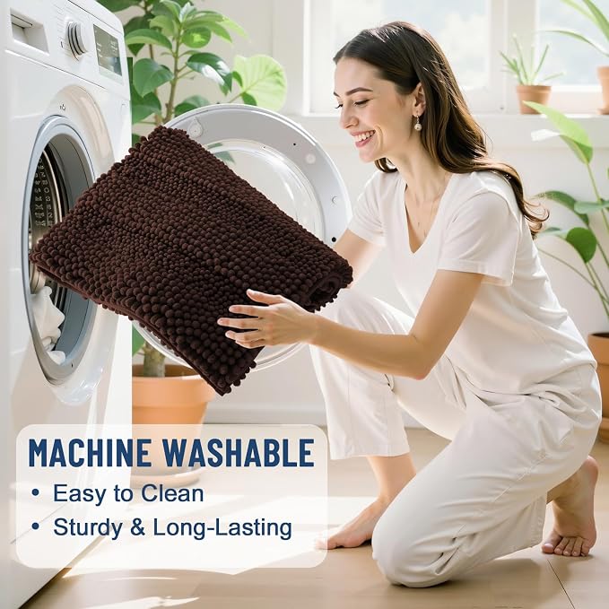 Grandaily Chenille Striped Bathroom Rugs 47x32, Extra Thick and Soft Absorbent Bath Mats, Rubber Backing, Plush Shaggy Shower Carpet, Machine Wash Dry, Bath Rug for Bathroom, Dark Brown