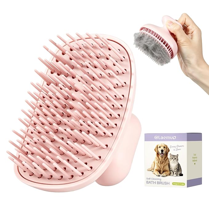 Oleamuo Dog Bath Brush for Grooming & Shedding, Self-Cleaning Pet Scrubber | One-Click Hair Release, Helps Reduce Shedding, For Short & Long-Haired Dogs and Cats, Wet & Dry Use(Purple)