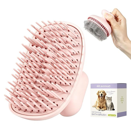 Oleamuo Dog Bath Brush for Grooming & Shedding, Self-Cleaning Pet Scrubber | One-Click Hair Release, Helps Reduce Shedding, For Short & Long-Haired Dogs and Cats, Wet & Dry Use(Purple)