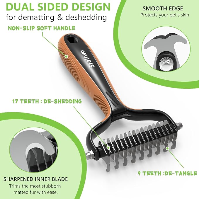 Staltwo Deshedding Dog Brush for Shedding - 2-in-1 Professional Undercoat Rake and Pet Grooming for Dogs and Cats | Shedding Control for Long-Haired Dogs and Cats, Deshedding Tool, Knot Removal,Orange