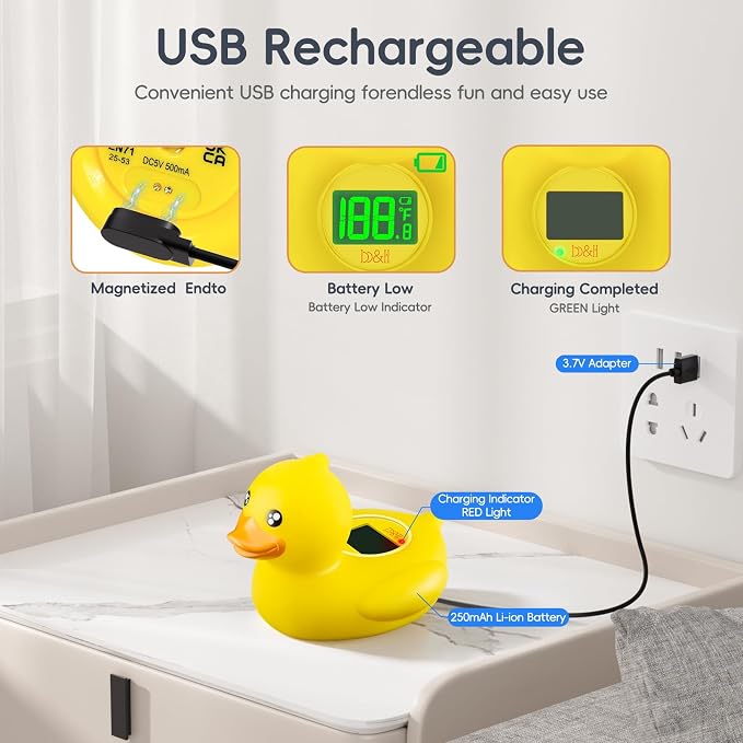 b&h Rechargeable Baby Bath Thermometer, Digital Water Temperature Monitor for Bathtub and Room, Floating Bath Toy for Newborns & Infants, Safe & Accurate (Baby Duck)