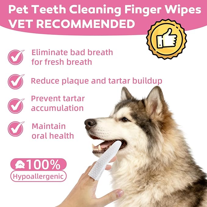 Teeth Cleaning Wipes for Dogs & Cats, Natural Formula Dog Finger Toothbrush Wipes Remove Plaque & Tartar Buildup, No-Rinse Disposable Dog Dental Care Finger Wipes(50 PCS)