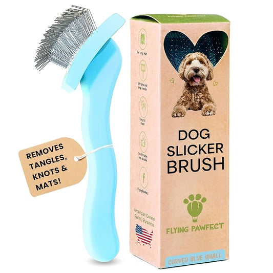 Pet Slicker Brush With Soft Massage Grooming Stainless Steel Pins - For Dematting, Shedding Fur, and Undercoat - Ideal Gift for Professional Pet Groomers - Long Slicker Brush (Blue, Curved Small)