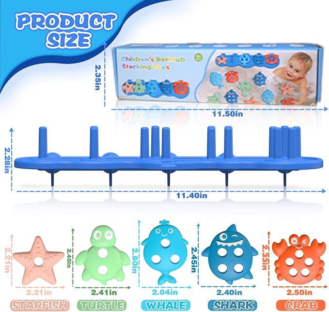 Baby Bath Toys, Premium Silicone Mold Free Ocean Animal Shape Sorting & Stacking Toddlers Bath Toys, No Hole Bathtub Floating Toys Gift for Boys Girls, Early Learning Sensory Water Toys, Bathtime Fun