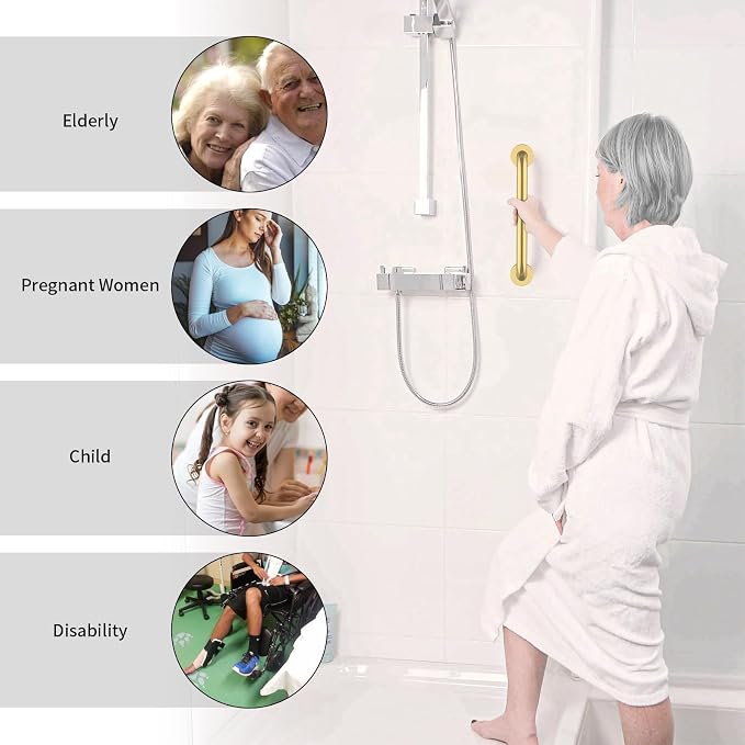 12 Inch Stainless Steel Shower Grab Bar, ZUEXT Gold Shower Handle, Bathroom Balance Bar, Safety Hand Rail Support Bar for Handicap Elderly Injury, Senior Assist Bath Tub Wall Concealed Mount Handle