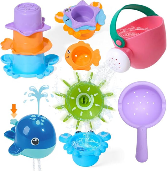 Mold Free Bath Toys | Easy Clean & Fun Baby Bath Toys for Kids Ages 1-3 | Watering Can Bath Cups Water Wheel Whale Bath Toy for Babies 12+ Months | Bathtub Pool Water Toys for 1+ Year Old Girl Gifts