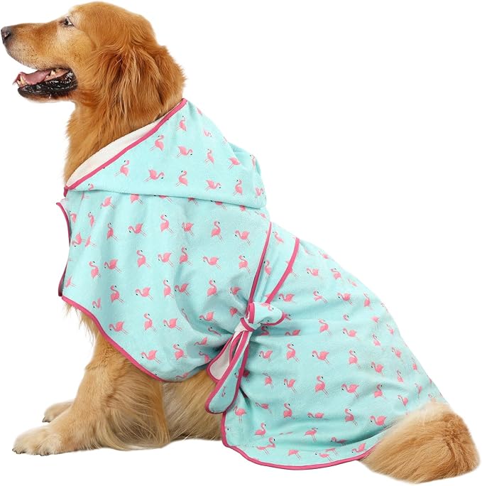 HDE Dog Bathrobe Super Absorbent Quick Drying Puppy Towel Wrap Coat Adjustable After Bath Robes with Hood for Dog Sizes S-XXL Flamingos XXL