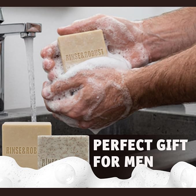 Rinse & Robust Mens Soap Bar Set 6Pcs Natural Handmade Cleansing Bar Soap Set Moisturizing Exfoliating Scrub Soap Fathers Day Gift for Dad All Skin Type, 6 Different Scents, 3.5 oz of 6 Bars