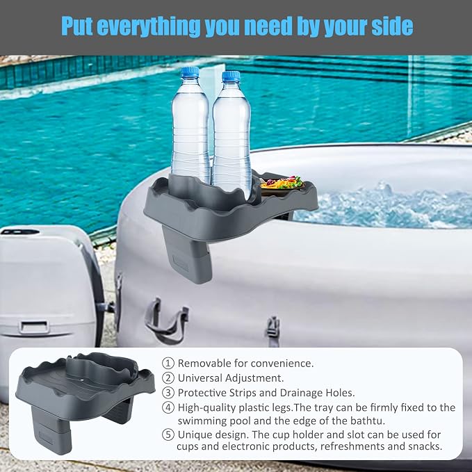 Hot Tub Side Table Tray with 2 Cup Holders, Foldable Drink Holder and Snacks Tray Outdoor Hot Tub Accessories for Inflatable Spa/Pool/Bathtub (Gray)