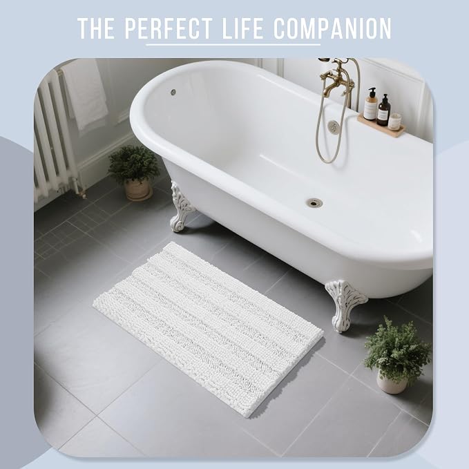 Yimobra Bathroom Rug Mat 36 x 24, Non Slip and Super Absorbent Bath Mat,Machine Washable Quick Dry,Ultra Plush Chenille Shower Rugs for Bathroom Floor Sink Tub and Shower Outside,White