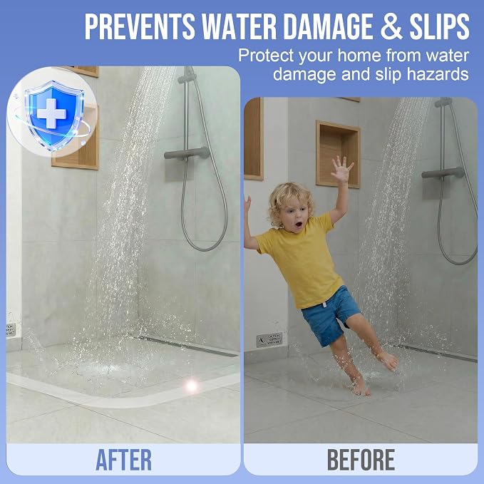 Shower Threshold Water Dam Guard- (138 Inch) Collapsible Silicone Barrier for Walk-in Showers - Self-Adhesive Bathroom Floor Water Stopper for Wet/Dry Separation - Transparent