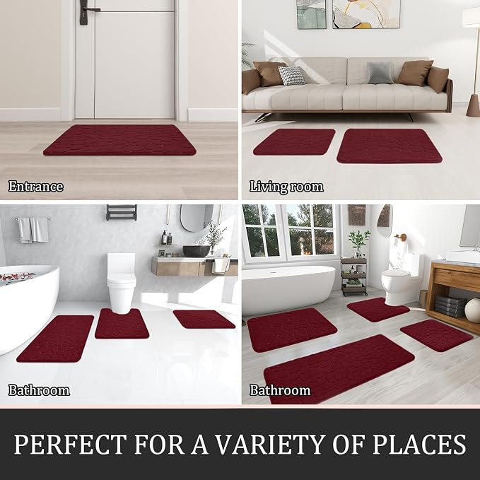 YIHOUSE Bathroom Rugs Mat Set, Memory Foam Bath Mat 5 Piece Red | Non Slip, Water Absorbent, Washable, Bath Mat For Bathroom, Sink and Toilet