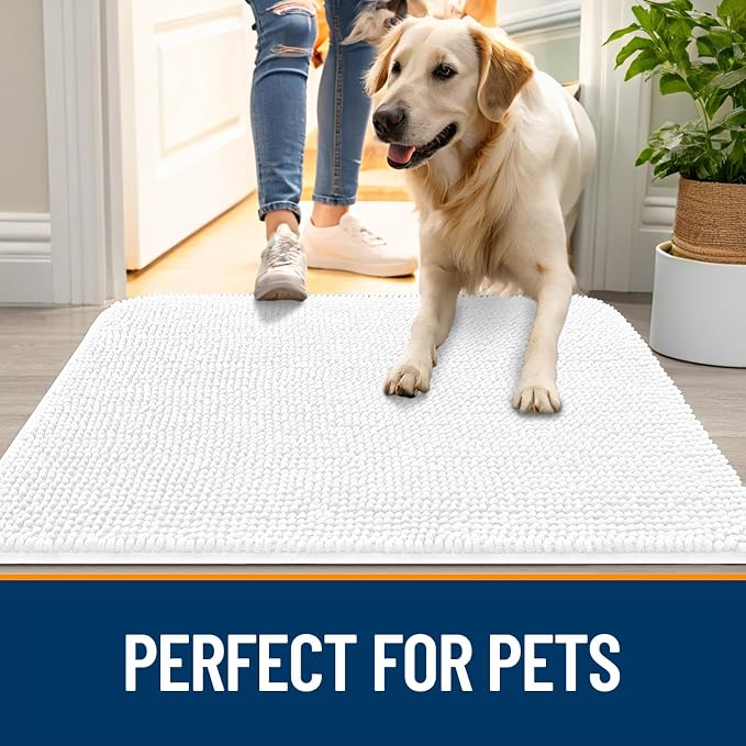 OLANLY Dog Door Mat for Muddy Paws 54x32, Absorbs Moisture and Dirt, Absorbent Non-Slip Washable Doormat, Quick Dry Chenille Mud Mat for Dogs, Entry Indoor Entryway Carpet for Inside Floor, White