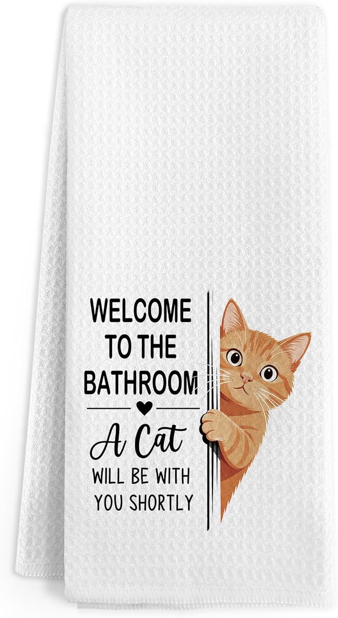 Funny Orange Tabby Cat Hand Towels for Bathroom, A Cat Will Be with You Shortly Hand Towels, Funny Orange Cats Dish Tea Towel for Kitchen Bathroom Decor, Cats Gifts for Kids Girls, 16x24