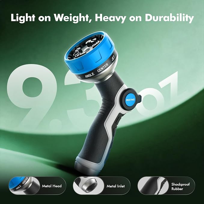 [2 Pack] RESTMO 10-in-1 Water Hose Nozzle, Garden Hose Sprayer with 10 Adjustable Spray Patterns, Easy Thumb Control for Flow Adjustment, Ideal for Watering Plants & Lawns, Washing Cars & Pets, Blue