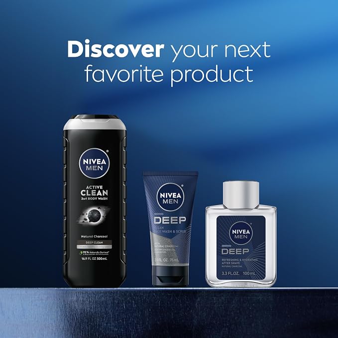 NIVEA Men Active Clean Body Wash with Natural Charcoal for Normal to Oily Skin, 3-in-1 Charcoal Body Wash, Face and Hair, Draws Out Dirt and Impurities, 30 Fl Oz Bottle