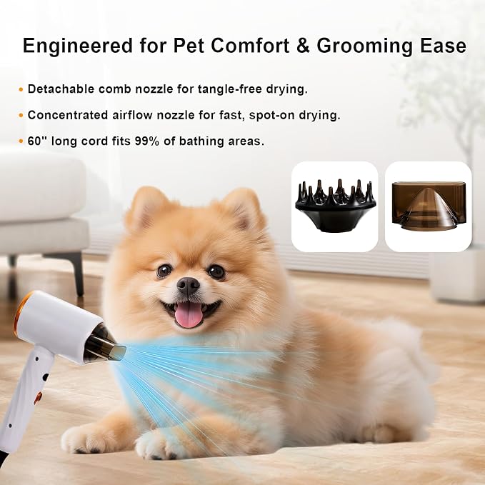 Portable Dog Hair Dryer Brush – 2-in-1 Warm Air Blower & Slicker Brush for Cats & Small Dogs – Adjustable Heat, Overheat Protection – Lightweight Grooming Tool for Home & Travel