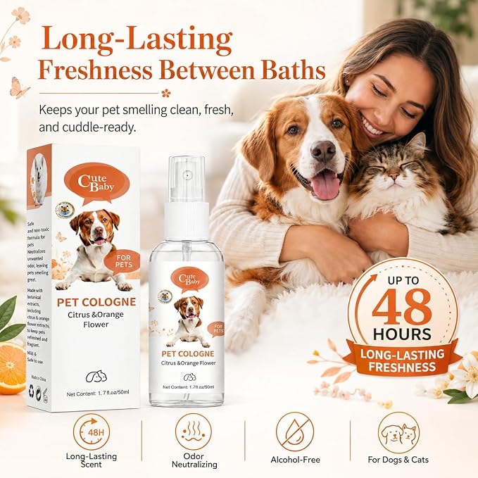 Dog Perfume Spray Long Lasting - Pet Cologne for Dogs & Cats, Alcohol-Free Natural Botanical Formula Deodorizing Grooming Mist, Citrus & Orange Flower Scent, Fresh Coat Care Between Baths, 1.7 fl oz