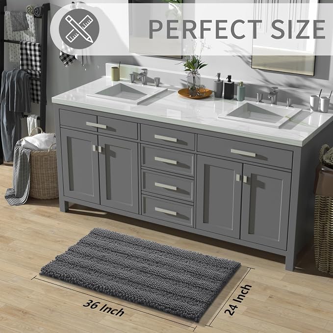 Yimobra Bathroom Rug Mat 36 x 24, Non Slip and Super Absorbent Bath Mat,Machine Washable Quick Dry,Ultra Plush Chenille Shower Rugs for Bathroom Floor Sink Tub and Shower Outside,Dark Gray