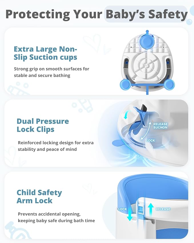 ONTHEWEI Baby Bath Seats for Babies Sitting Up, Non-Slip Baby Bathtub with 3 Suction Cups, Safe & Comfortable Toddler Bath Seat Ideal for Baby Bath/Shower Support, Stable Design, Blue (6-24 Months)