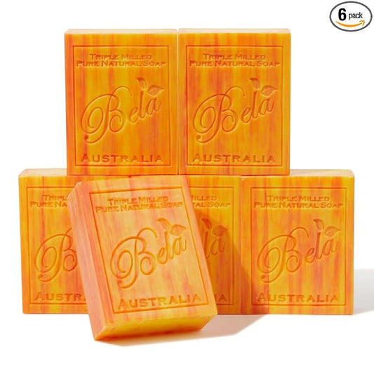 BELA French Peach Soap, 3.3 OZ Pack of 6, Long Lasting French Triple Milled Bar Soap with Organic Shea Butter, Hand, Face and Body Wash Bar, Made in Australia