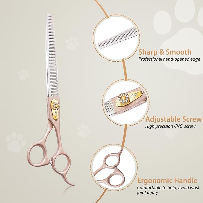 Professional Dog Grooming Scissors Rose Gold 440C Stainless Steel Straight Thinning Curved Chunker Shears for Pet Grooming Services Dogs and Cats (Thinning, 7.5‘’)