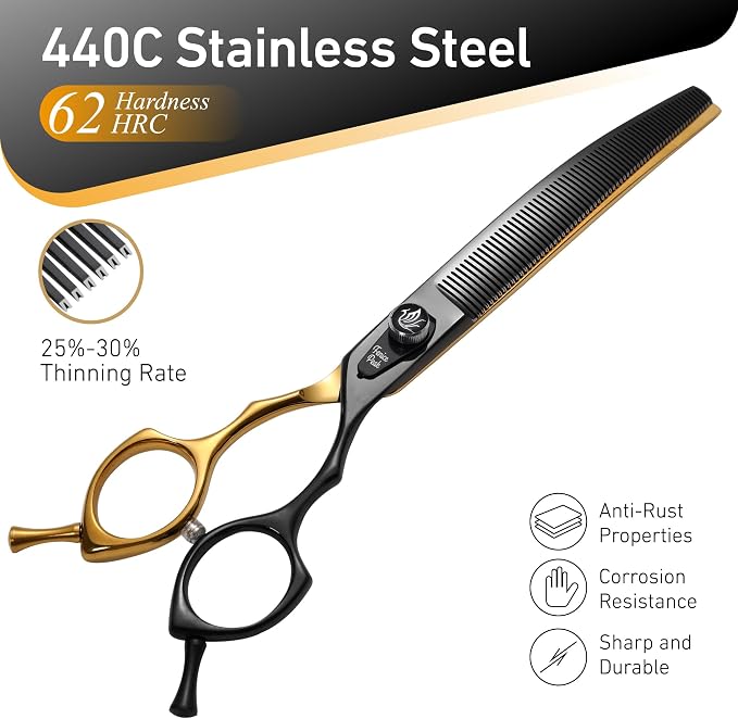 Black and Golden Professional Curved Thinning Dog Grooming Scissors 7.5'' 440C Stainless Steel Thinner Shear Sharp and Durable with Decorative Screw
