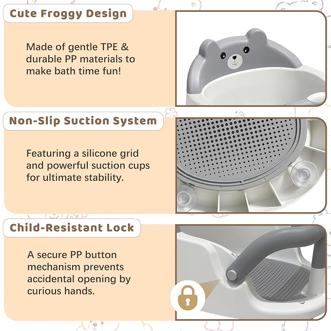 Baby Bath Seat for Babies 6 Months & up Non-Slip Toddler Bath Seats for Sitting Up Infant Bathtub Chair with Suction Cups and Soft Cushion for Baby Shower Tub Seat, Grey