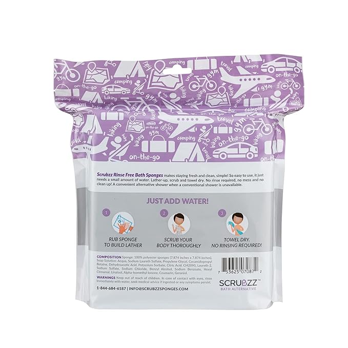 Scrubzz Disposable No Rinse Bathing Wipes - All-in-1 Single Use Shower Wipes, Simply Dampen, Lather, and Dry Without Shampoo or Rinsing (Lavender, 4-Pack)