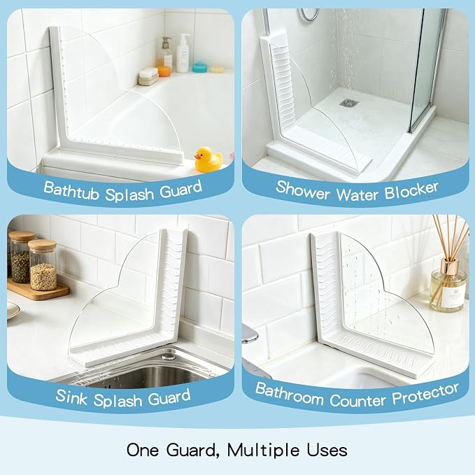Bathtub Shower Splash Guard with Storage, Silicone Water Blocker | Dual suction cups no-drill install, Acrylic silicone water blocker for tub, shower & sink, Organizes bath essentials