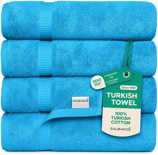 SALBAKOS 100% Turkish Cotton Bath Towel Set of 4 27x54 inch | Heirloom Quality | Hotel & Spa Collection | Ultra Soft, Super Absorbent, Long Lasting Bath Towels | Made in Turkey (Aqua, 4 Bath Towels)