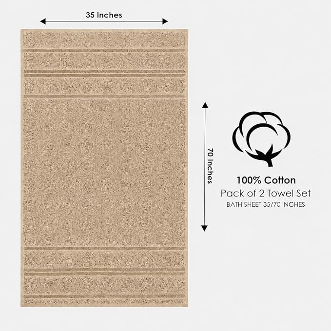 Terry Bath Sheet Set of 2 Beigh Bath Towels Set 35x70 Inches, 100 Combed Long Staple Cotton Highly Absorbent Ultra Soft Oversized Large Luxury Hotel & Spa Quality Bathroom Towels Set