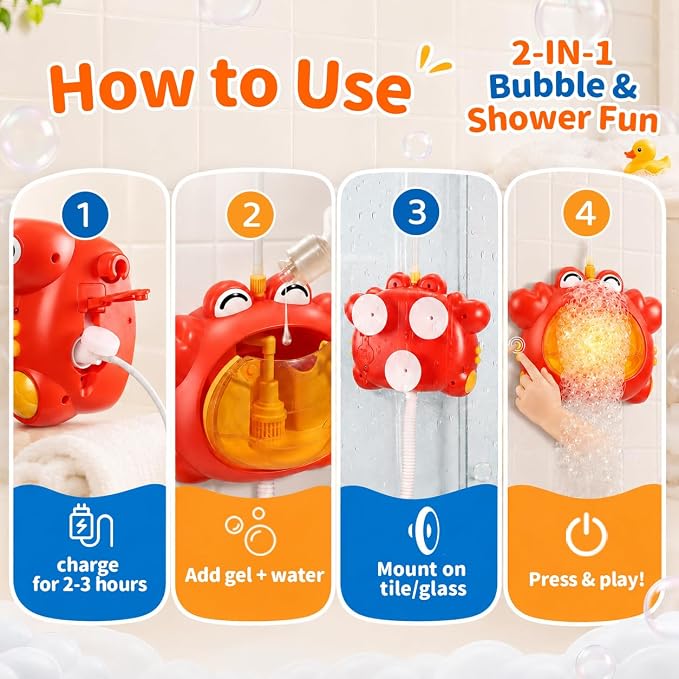 Crab Bath Toys,4 in 1 Bubble Bath Machine with Shower Head,Toddlers Light Up & Music Bath Bubble Maker, Baby Bathtub Toy for Kids Ages 1-3 4-8 USB Rechargeable