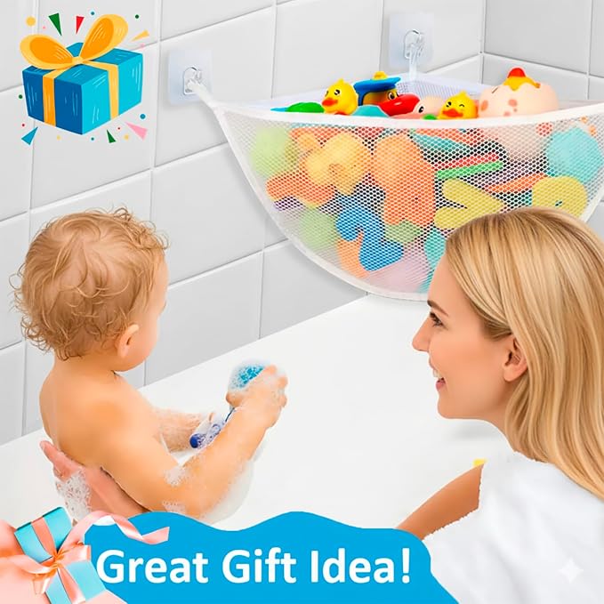 Bath Toy Storage Organizer for Bathtub – Large Mesh Bath Toy Holder & Bath Toy Net, Corner Bathtub Toy Storage with 3 Strong Suction Cups, 3 Adhesive Hooks, Quick-Dry Toy Holder for Tub & Shower