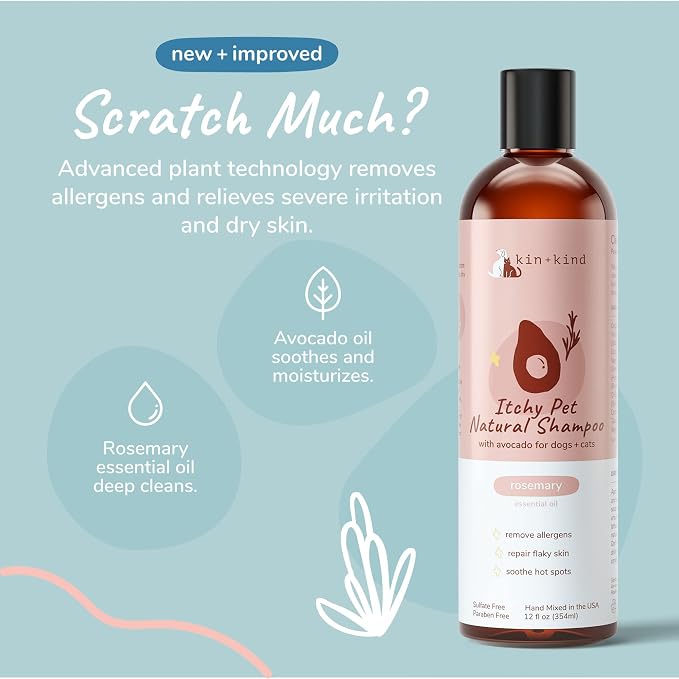 kin+kind Itchy Pet Natural Dog and Cat Shampoo - Gentle Clean for Itchy Skin - Avocado Oil - Rosemary Fragrance - 12 fl oz