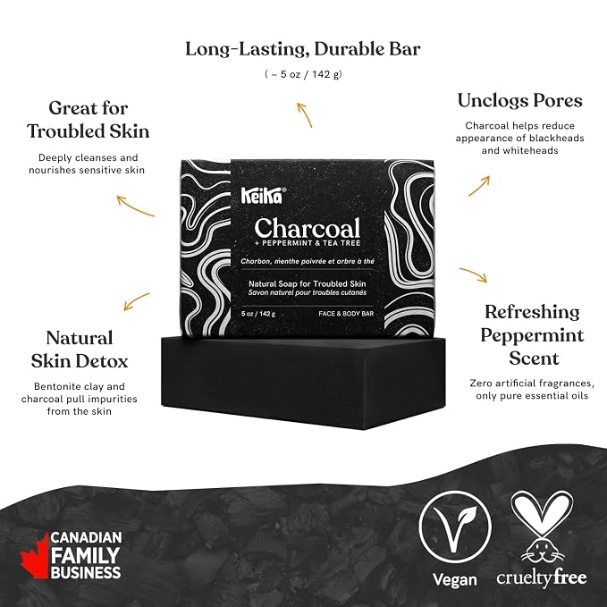 Keika Charcoal Black Soap Bar for Eczema, Psoriasis, Face, Body, Men Women Teens with Oily Skin, 5 oz. (Charcoal, 12-Pack)