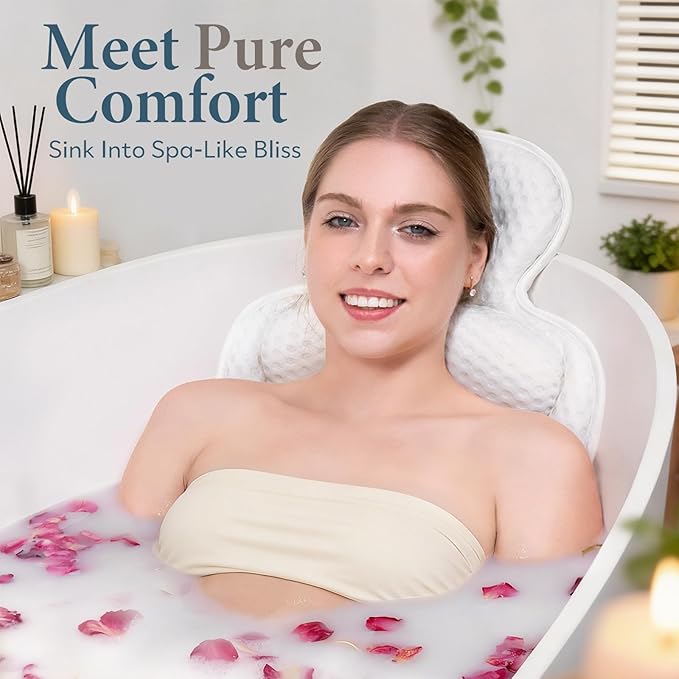 Bath Pillows for Tub, Comfortable Bathtub Cushion for Head and Neck with Soft 3D Mesh Fabric and 54 Non-Slip Suction Cups, Relaxing Tub and Shower Accessories Spa Gift White Extra Thick