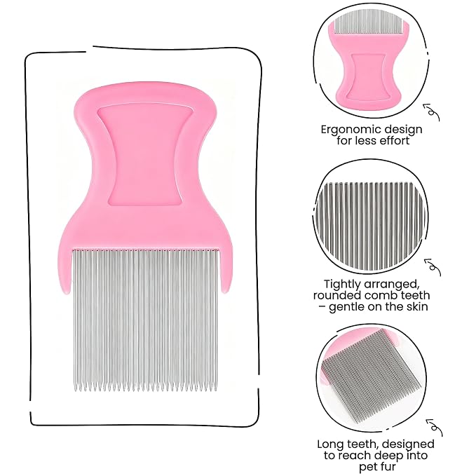 MEDUWEDU 5 Pack Flea & Lice Comb Set for Cats, Dogs & Kids – Stainless Steel Fine Tooth Nit Comb Kit with Double-Sided Tear Stain Remover, Grooming Brush & Peine para Piojos for Thick Hair (Pink)