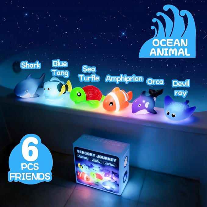 Light Up Bath Toys,No Hole Mold Free Baby Bath Toys,Ocean Animal Water-Activated Lights Flashes and Change Color,Sensory Lights Toys for Babies and Toddlers,Bathtub,Shower,Water Table, Pool