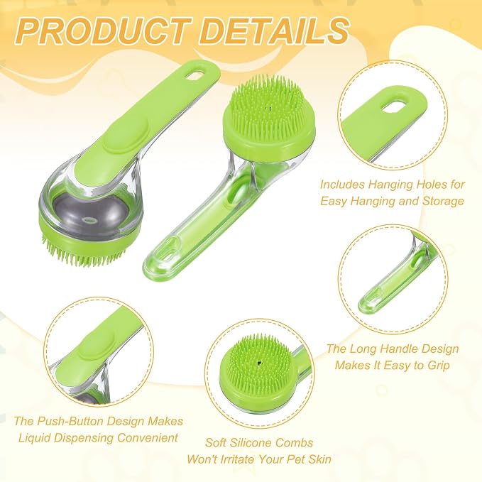 Pet Bath Brush, Dog Shampoo Brush New 2 in 1 Grooming Massage Scrubber Bubble Maker with Ring Built-in Shampoo Dispenser(2Pcs,Fine Bristled,Green), for Long Short Hair Cats Shower