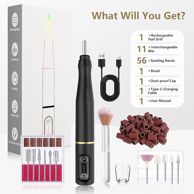 TUOBEO Cordless Nail Drill Electric Rechargeable File Kit, Professional Efile Acrylic Gel Nail Polish Remover Pedicure Manicure Machine Portable Set with 11 Bits 56 Sanding Bands for Salon Black