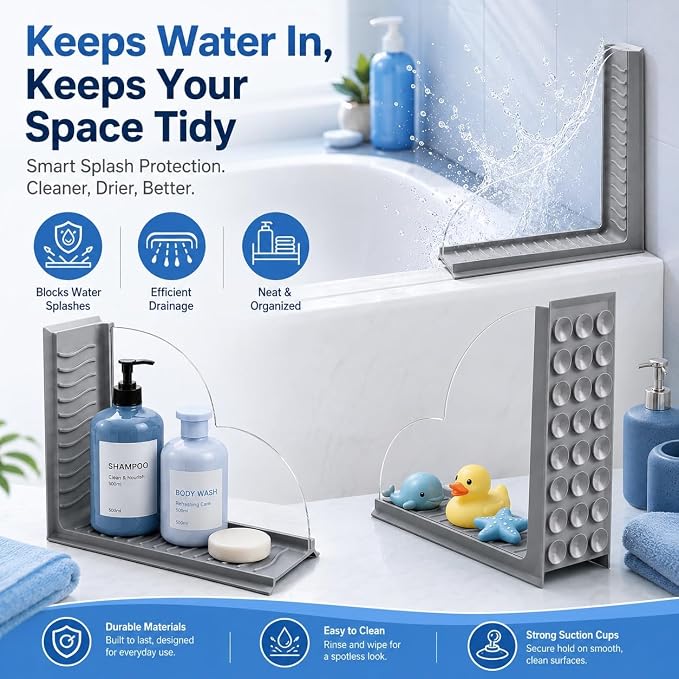Splash Guard for Bathtub, 2-Piece Shower Splash Guard with Clear Acrylic Panel & Silicone Base, No Adhesive Shower Water Guard for Tub Corner, Shower Guards to Keep Water in Shower (Gray)
