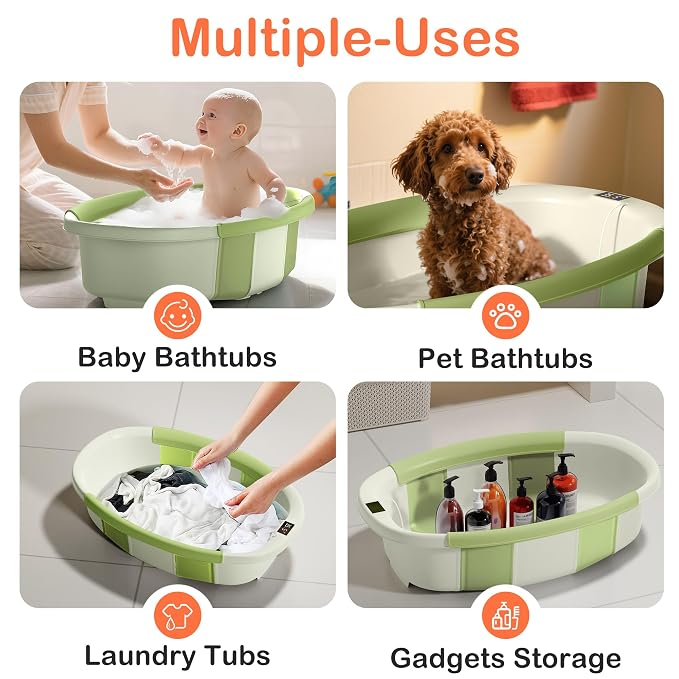 Collapsible Baby Bathtub - Large Baby Bath Tub with Thermometer & Cushion | Travel Portable Newborn Infant Bathtub | Foldable Toddler Bathtub for Baby 0 to 36 Months (Green)