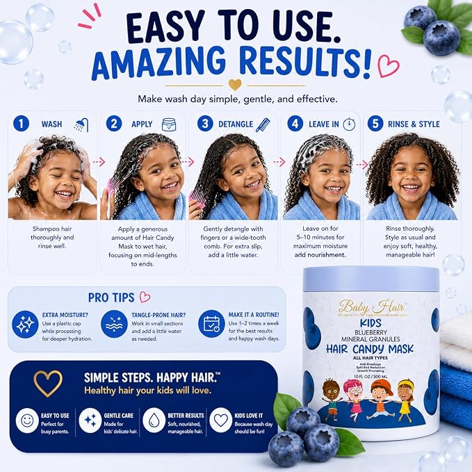 BABY HAIR Kids Blueberry Mineral Hair Candy Mask | Deep Conditioning Hair Mask for Kids | Moisturizes, Softens & Helps Detangle | Sulfate Free | 10 fl oz