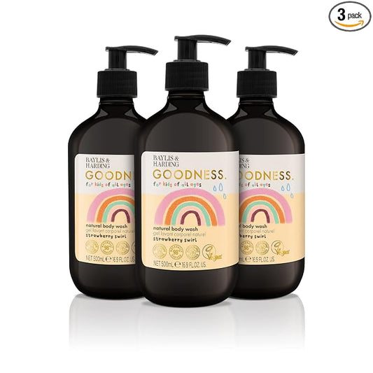 Baylis & Harding Goodness Kids Strawberry Swirl Natural Body Wash 16.9 fl. oz (Pack of 3) - Biodegradable Formula - Vegan Friendly