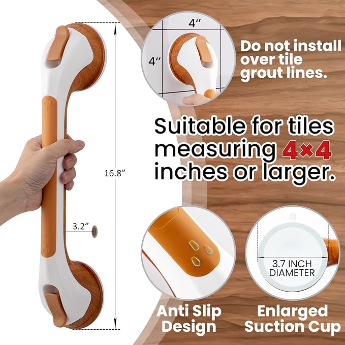 TAILI Grab Bars for Bathtubs and Showers 2 Pack Suction Grab Bar, Heavy Duty Shower Handle Removable Bath Handrails for Seniors and Elderly, Bathroom Safety Grip No Drilling Waterproof,Wood Grain,G9