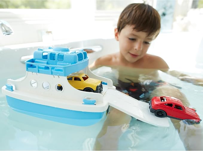 Green Toys Ferry Boat with Mini Cars Bathtub Toy, Blue/White, Standard
