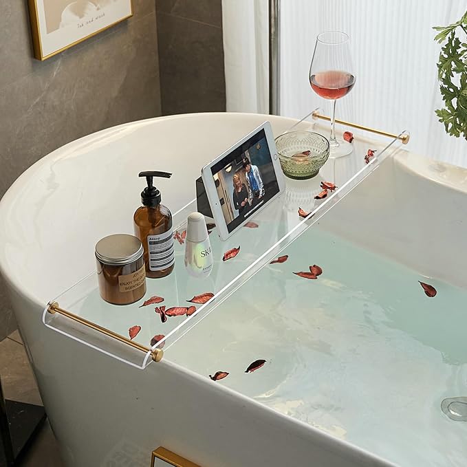 Bathtub Tray Clear Caddy Rack Acrylic Tub Tray Shelf with Gold Rails 31.5 inches Bathroom Accessories Rack Suitable for All Bathtubs.