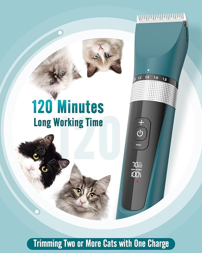 oneisall Cat Clippers for Matted Hair, 5-Speed Quiet Cat Grooming kit | Waterproof, 49dB Low Noise, 120min Long Battery Life LCD Display,4 Guards With Comb and Scissor,For Long Thick Matted Hair
